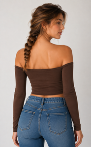 Haut court tricoté à épaules dénudées pour femme, manches longues, couleur unie, chemisier décontracté de haute qualité pour le printemps et l'été - Product Image 5