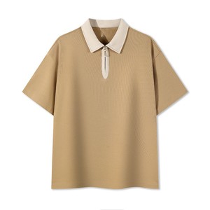 Chemise décontractée pour femme, bleu marine, à manches courtes, col blanc, fermeture éclair, tricotée, respirante, 100 % coton, couleur unie, longueur standard - Product Image 4