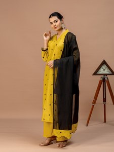 Yellow Cotton <b>Kurti</b> With Palazzo Pants And Dupatta Traditional <b>Indian</b> Pakistani Women's Casual Wear Ankle-Length Regular - Product Image 2