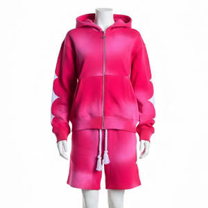 Oferta Especial: Conjunto de Sudadera con Capucha y Pantalones Cortos Unisex, Estilo Urbano, Color Rosa Lavado al Ácido, Efecto Desgastado por el Sol, 100% Algodón - Product Image 6