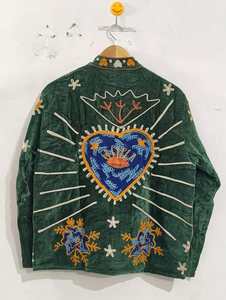 <b>Women</b> Suzani Embroidered Green <b>Velvet</b> Cotton Jacket Handmade Heart Floral Boho Ethnic Winter <b>Coat</b> Wholesale Fashion - Product Image 2
