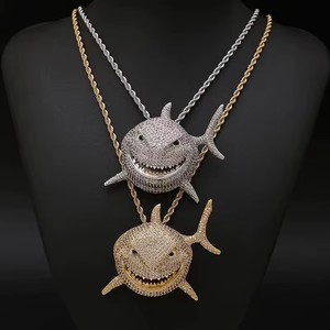 <b>Iced</b> <b>Out</b> Shark Pendant Diamond Fish Charm Micro Pave Hip Hop Jewellery Gold <b>Chain</b> Animal Bling Statement - Product Image 1