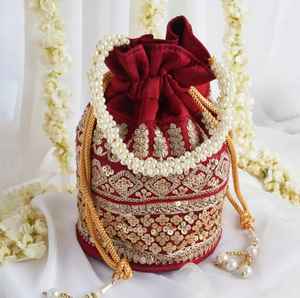 Indian Ethnic Designer Golden Zari Embroidery and Pearl Handle Tassel Handbag Designer Coin Potli Bag for Women's Return Gift - Product Image 2