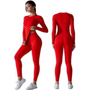 2 Piece Solid Black Long Sleeve Crew Neck <b>Crop</b> <b>Top</b> & High Waist Full Length Leggings Yoga Set - Product Image 4