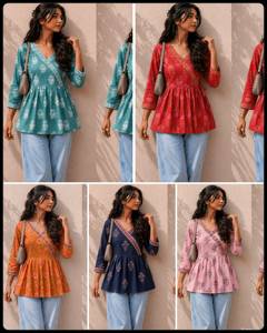 Floral Printed V Neck Short Kurtis Peplum Tunic Style Top <b>Wrap</b> Front Women Indian Pakistani Style Casual Party Wear Tunic - Product Image 6