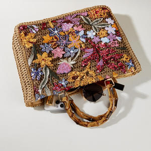 Fashion Linen Beading <b>Sequined</b> <b>Handbag</b> Floral Embroidered Bamboo Handle Tote Bag for Women Ladies - Product Image 5