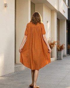 Vestido Maxi de Lino y Algodón Liso Naranja de Lujo con Cuello en V Abotonado, Ajuste Holgado, Manga Corta, Vestido Casual de Verano - Product Image 4