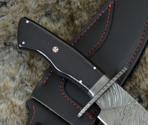 Couteau de chasse et Bowie en acier Damas, lame à pointe tombante, manche en cuir avec étui, OEM, longueur totale 30 cm - Product Image 2