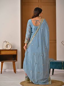 Light Blue CHINNONSilk SHARARA <b>SET</b> With Gold Embroidery And Red Accents Floor-Length Traditional Indian Wedding Outfit For WoMEN - Product Image 3