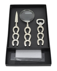 Ensemble de 3 ouvre-lettres en métal avec loupe et ouvre-bouteille, poignées style cheval, finition argentée, coffret cadeau de luxe - Product Image 1