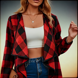 Offre spéciale sur le cardigan ouvert pour femme Temu, à carreaux rouges et noirs, col cascade, manches longues, pour un usage quotidien et une mode urbaine. - Product Image 6