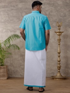 เสื้อเชิ้ตแขนยาวลำลองสำหรับผู้ชาย RAMRAJ LINEN ผลิตจากวัสดุรักษ์โลก พร้อมชุดกางเกง Dhoti ลายขอบเข้าชุด สำหรับโอกาสพิเศษในฤดูร้อน - Product Image 6