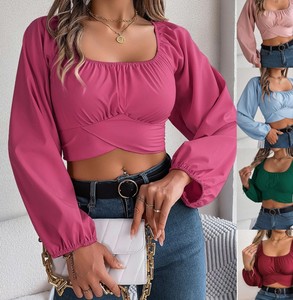 Hauts décontractés coréens pour femmes, en tricot, à col carré, manches longues lanternes, taille lacée, coupe midi, qui flatterent la silhouette - Product Image 3