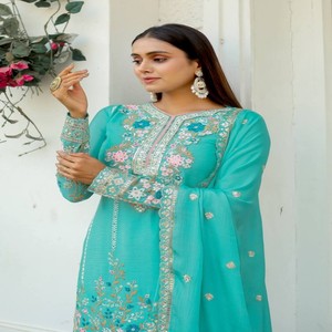 VASTRA COTTAGE Conjunto de Kurti y Plazo para Mujer, de Seda Chinon Pesada, con Bordado de Lentejuelas y Diamantes, Completamente Cosido, Traje de Fiesta - Product Image 3