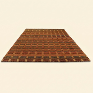 Tapis en laine à carreaux orange rouille et marron anthracite, tissé contemporain, antidérapant, écologique, pour salon - Product Image 2