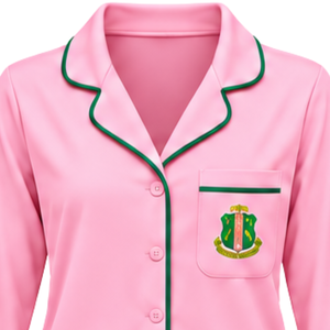Ensemble de pyjama rose pour femme avec passepoil vert et broderie AKA, haut à manches longues boutonné et pantalon assorti à cordon de serrage, vêtements de nuit - Product Image 3