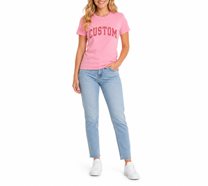 T-shirt rose personnalisé pour femme, imprimé floqué, col rond, manches courtes, décontracté, en jersey de coton respirant, coupe classique, pour le printemps et l'été - Product Image 3