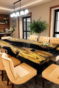 Table à manger en bois massif avec bord naturel et résine époxy, plateau en noyer, design moderne pour l'ameublement de la maison - Product Image 3