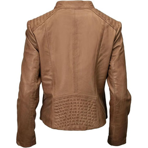 SAMROZ SPORTS Leather Women's Light Brown Premium Leather Biker Jacket w/Mandarin Collar - Product Image 3
