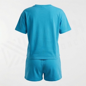 Ensemble de shorts en coton uni pour femmes, 2 pièces, t-shirt à manches courtes col rond, shorts au-dessus du genou, vêtements décontractés, haute qualité, personnalisable - Product Image 2