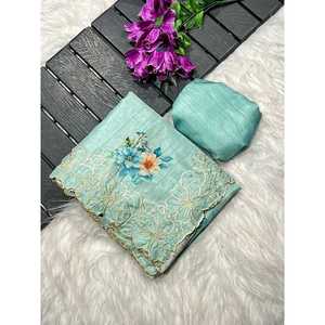 BORDADO DE SEDA ATRACTIVA FRONTERA CON TRABAJO DE CORTE SAREE CON BLUSA DESCOSTADA SKY - Product Image 1