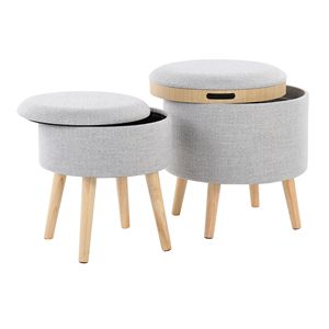 Pouf di stoccaggio in tessuto grigio chiaro con gambe in legno naturale vassoio contemporaneo e sgabello abbinato - Product Image 2
