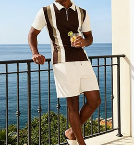 Ensembles de survêtements d'été pour hommes 2 pièces avec shorts, tenues de sport à manches courtes, polos de golf à quart de zip, chemises rayées en velours 100% - Product Image 4