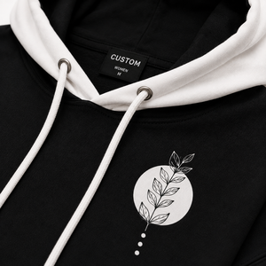 Women's Black <b>White</b> Color Block Hooded <b>Sweatshirt</b> With Floral Print Cotton Knitted Casual Autumn Wear - Product Image 5