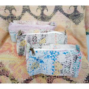 100% Pure Cotton Kantha Fabric Floral Pattern Zipper Closure Eco-Friendly Durable Lightweight Modern Large Makeup Bag <b>Pouch</b> Set - Product Image 4