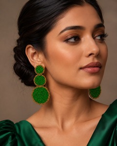 Boucles d'oreilles pendantes triple cercle faites à la main, style bohème, avec perles de rocaille vertes, pour femmes, vente en gros - Product Image 6
