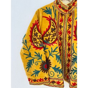 Yellow Velvet Suzani Jacket <b>Coat</b> Floral Embroidery Short Party Wear <b>Coat</b> Boho Chic Jacket Women's Winter Overcoat - Product Image 3