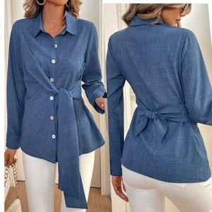 Chemisier boutonné pour femme à nouer devant, taille cintrée, en tissu texturé slub - Product Image 6