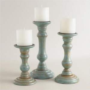 Ensemble de 3 bougeoirs décoratifs en bois de teck antique, style shabby chic, pour bougies pilier, pour ornement de table - Product Image 1