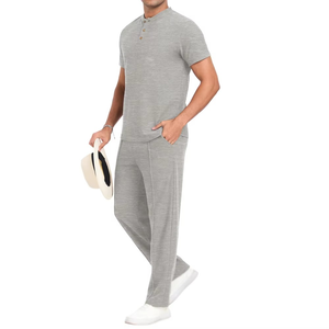 Men's Gray Short Sleeve Button Up Collar T-Shirt With Matching <b>Pants</b> Solid Color Casual Wear Summer Lightweight Cotton Tracksuit - Product Image 3