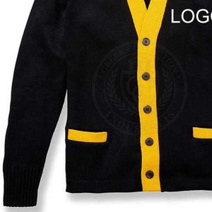 Cardigan en tricot pour femme, broderie de lettres grecques, col en V, manches longues, boutons contrastés, style classique, à porter toute l'année - Product Image 4