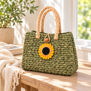 Sac à main personnalisé en jacinthe d'eau tressée, motif floral ajouré, fait main, avec deux poignées en bambou et fermeture éclair pour femme - Product Image 5