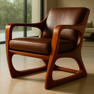 Chaise longue de resort en teck avec revêtement en cuir de qualité supérieure - Product Image 1