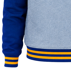 Womens Light <b>Grey</b> Varsity Bomber <b>Jacket</b> Blue Sleeves Greek Letter Embroidery Gold Stripe Accent Snap Button Ribbed Collar Cuffs - Product Image 5