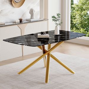 Lussuoso Tavolo da Pranzo in Vetro Temperato Effetto Marmo Nero 160x90 cm con Gambe in Metallo Dorato a Forcella Singola - Product Image 2