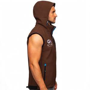 GYM Active <b>Brown</b> Hooded Fleece <b>Vest</b> Breathable Unisex Zipper Pockets Logo Front Casual Autumn Washed Nylon/Cotton Hooded Stand - Product Image 1