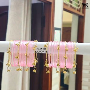 Pink Gold Plated 2mm 32-Piece Kashmiri Jelly Glass Bangles Set Ghungru Both Hands Traditional Indian Chudi Women Wedding Bridal - Product Image 6