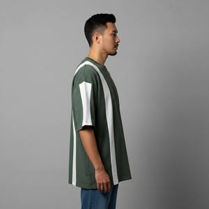 Customized Men's Oversized Short Sleeve T-Shirt Green White Striped Contrast <b>Panel</b> O-Neck Casual Knitted Style - Product Image 6