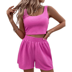 Conjuntos de sujetador deportivo y pantalones cortos de yoga para mujer, conjuntos de verano de color liso, top corto sin mangas, conjunto de dos piezas tejido. - Product Image 5