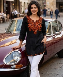 Indian Casual and Daily Wear Cotton Material Short Kurtis Style Tunic <b>Top</b> with Beautiful Embroidery Work for Women Daily Wear - Product Image 1