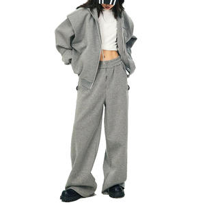 Ensemble de survêtement à capuche zippé pour femme, style vintage, coupe classique, en Spandex/Polyester, écologique, léger, décontracté, gris, pour l'hiver - Product Image 2