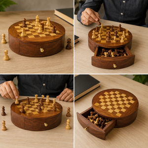 Jeu d'échecs magnétique en bois de rose indien fait main |   Jeu d'échecs de voyage en bois avec tiroir de rangement |   Stratégie de table classique - Product Image 4