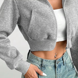 Custom Branding Textured Cropped Hooded <b>Top</b> Manufacturing Rhinestone Print With Sequined Cotton Blend <b>Zip</b>/<b>Up</b> <b>Women's</b> Hoodies USA - Product Image 3