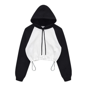 Unisex <b>Cropped</b> Hooded <b>Sweatshirt</b> Raglan Sleeve Color Blocking <b>White</b> Black Cotton Fleece Oversized Fit Casual 420g OEM Service - Product Image 1