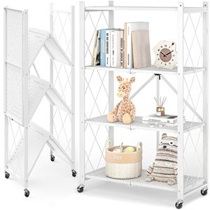 Étagères de garage, étagère de rangement pliable à 4 niveaux avec roulettes, unité d'étagère métallique pliable pour cuisine, sous-sol, blanc - Product Image 1