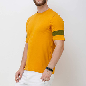 T-shirt pour homme à manches courtes, col rond, tricoté, couleur unie, décontracté, avec bordure contrastante jaune et vert - Product Image 3